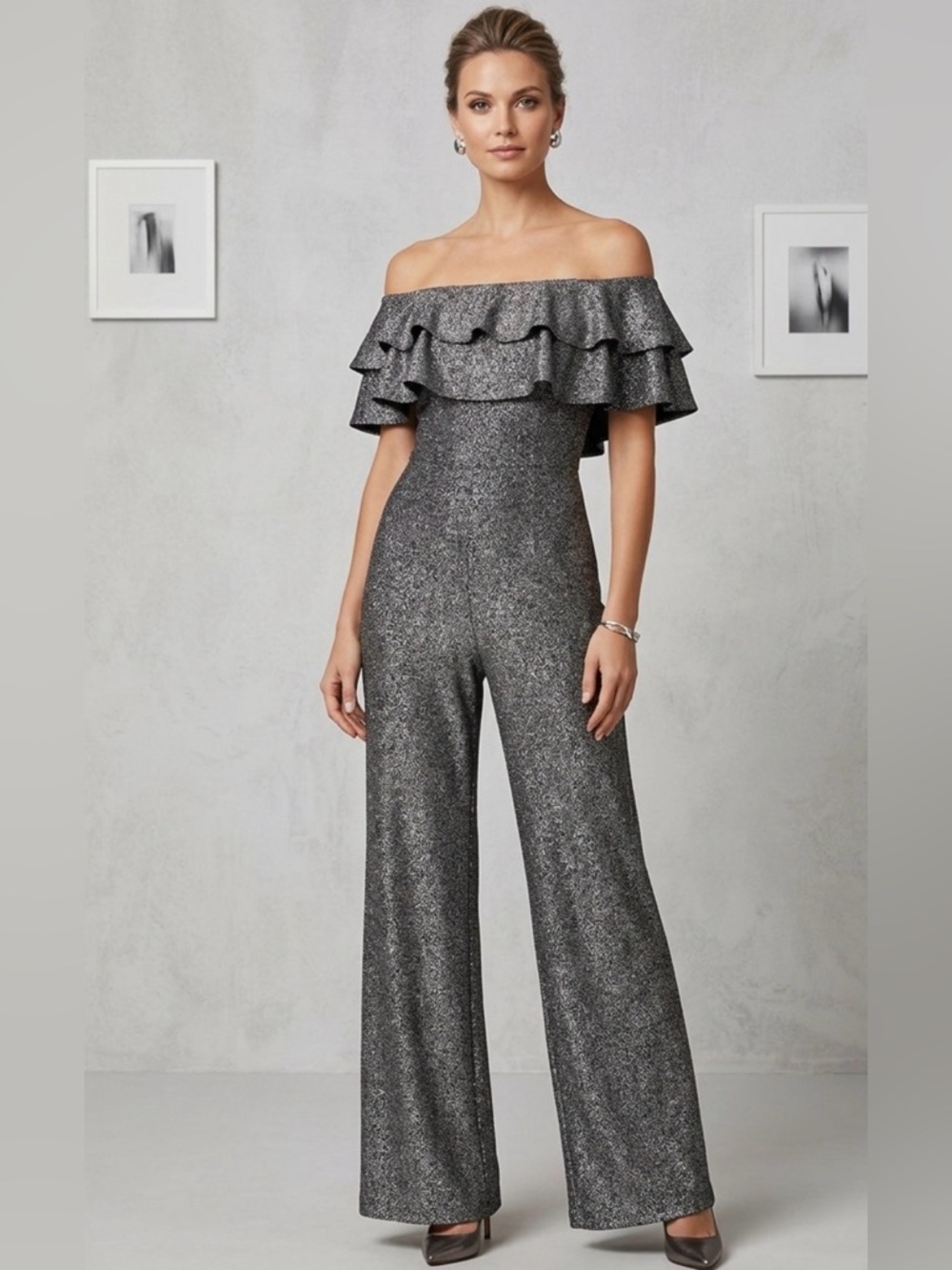 Glamorous Fashion Nova Silver Metallic Jumpsuit Ruffled Off Shoulder Sz XS #F
